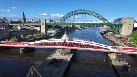 Newcastle Swing Bridge and Tyne Bridge Overview on a Sunny Day Stock Footage 338216461