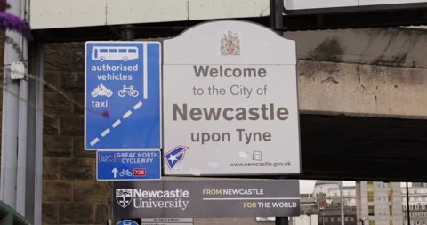 Newcastle UK - 10th Aug 2021: Welcome to the City of Newcastle upon Tyne sign Stock Footage