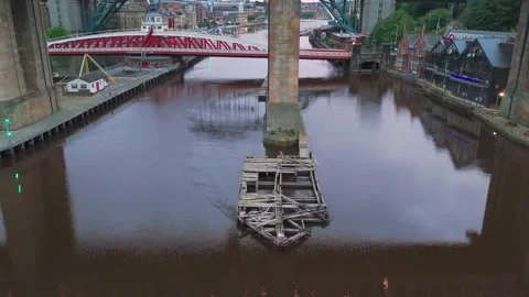 NewCastle-Upon_TyneHigh Level Bridge Lower wooden cutwater Pull Back Reveal Stock Footage 249452554