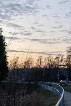 Newly built footpath with a simple sunset and forest. Stock Photos