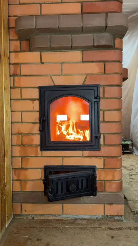A newly built stove. A test fire is burning in the firebox. The flame is vi.. 動画素材 329438300