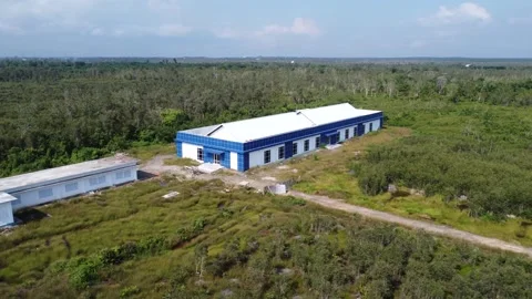 This newly completed blue warehouse is located in a quiet area, full of trees Stock Footage 319970562