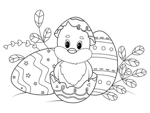 Newly hatched Easter chicken. Children coloring book. Vector. Stock Illustration