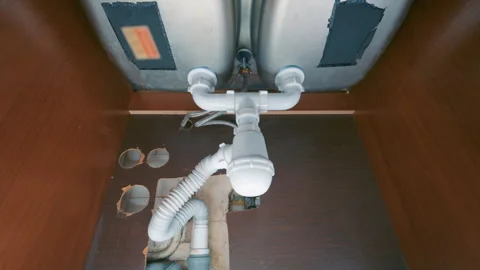 Newly Installed Kitchen Sink Plumbing Pipes and Drain Trap Close-Up | Handyman Stock Footage 340941759