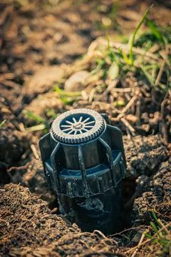 Newly installed sprinkler head in spring soil macro image. New irrigation sea Stock Photos