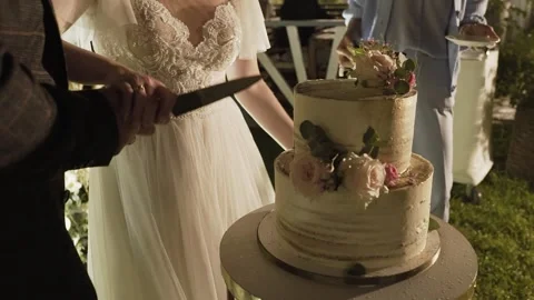 The newlyweds are cutting the cake Stockbeeldmateriaal 306148331