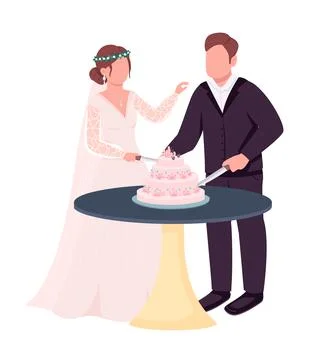 Newlyweds cutting cake semi flat color vector characters Illustrazione stock