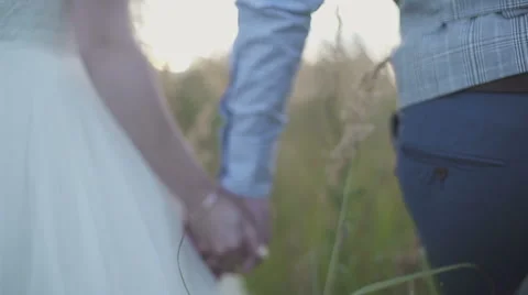 Newlyweds in a field at sunset Stock Footage 63602594