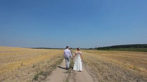 Newlyweds walking in the field Stock Footage 75194681