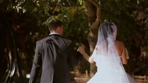 Newlyweds walking in the forest Stock Footage 48924037