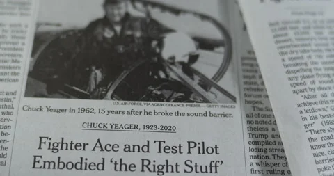 Newpaper coverage of the death of Flying Ace Chuck Yeager Stock Footage 144959696