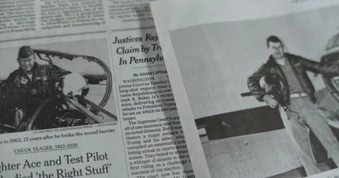 Newpaper coverage of the death of Flying Ace Chuck Yeager Stock Footage 144959736