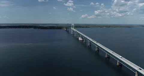 Newport Pell Bridge Drone Pull Away Stock Footage 154594850