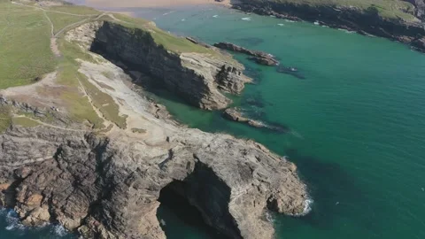 Newquay beach rocks drone 4K Cornwall Stock Footage 163461260