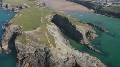Newquay beach rocks drone 4K Cornwall Stock Footage 163462183