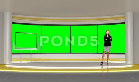 News 005 TV Studio Set - Virtual Green Screen Background PSD Modello PSD