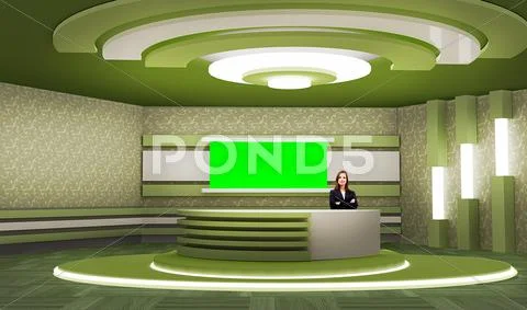 News 006 TV Studio Set - Virtual Green Screen Background PSD PSD Template