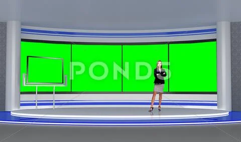 News 008 TV Studio Set - Virtual Green Screen Background PSD PSD 模板