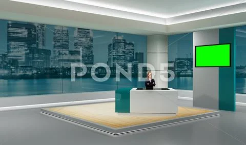 News 009 TV Studio Set - Virtual Green Screen Background PSD Modèle PSD