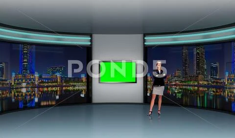News 010 TV Studio Set - Virtual Green Screen Background PSD PSD 템플릿