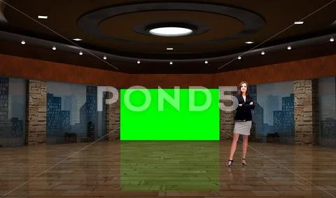 News 012 TV Studio Set - Virtual Green Screen Background PSD PSD Template