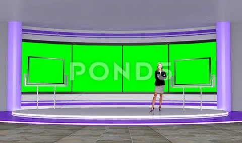 News 014 TV Studio Set - Virtual Green Screen Background PSD PSD Template