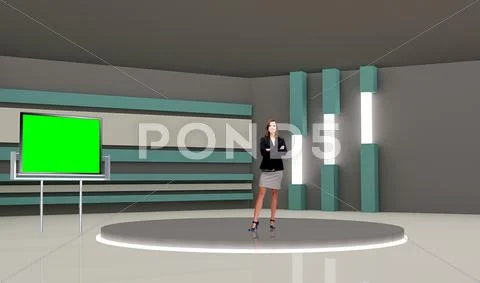 News 015 TV Studio Set - Virtual Green Screen Background PSD PSD Template