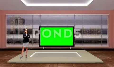 News 026 TV Studio Set - Virtual Green Screen Background PSD Modello PSD