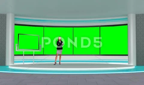 News 033 TV Studio Set - Virtual Green Screen Background PSD PSD Template