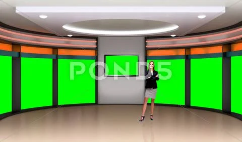 News 036 TV Studio Set - Virtual Green Screen Background PSD Modèle PSD