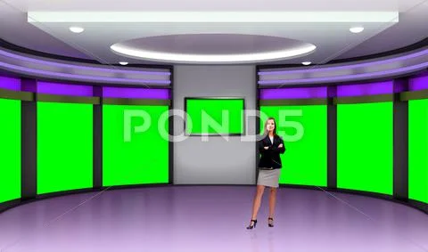 News 037 TV Studio Set - Virtual Green Screen Background PSD Modello PSD