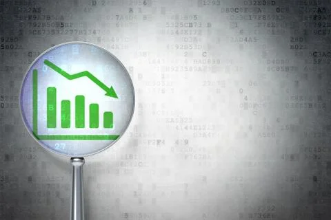 News concept: Decline Graph with optical glass on digital background Illustrazione stock