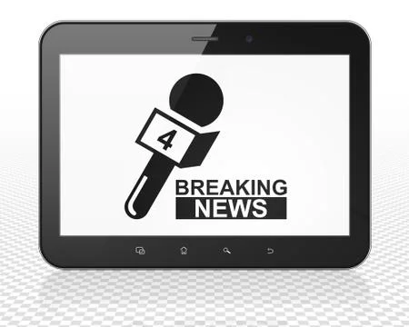 News concept: Tablet Pc Computer with Breaking News And Microphone on display Illustrazione stock