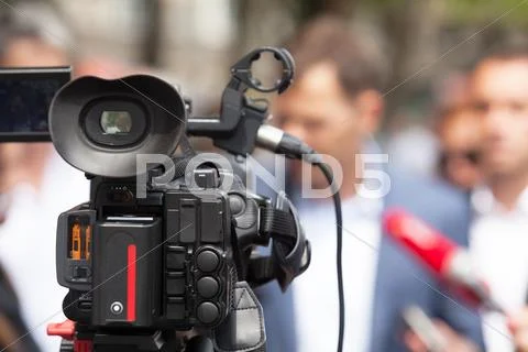 News conference. media interview. Stock Photos