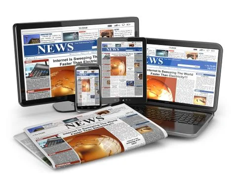News. media concept. laptop, tablet pc, phone and newspaper. Stock Illustration