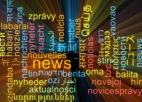 News multilanguage wordcloud background concept glowing Stock Illustration