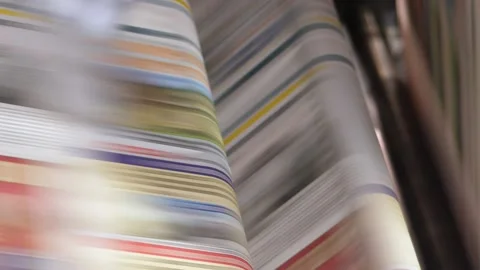 News print media roller machine cascade batch closeup Stock Footage 156896445