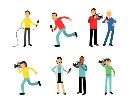 News Program Crew of Professional Cameraman and Journalist Creating TV Broadcast Stock-Illustration