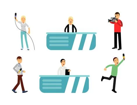 News Program Crew of Professional Cameraman and Journalist Creating TV Broadcast Stock-Illustration