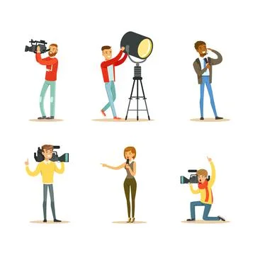 News Program Crew of Professional Cameramen and Journalists Creating TV Stock-Illustration