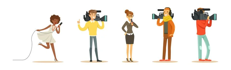News Program Crew of Professional Man Cameraman And Woman Journalist Vector Set Stock-Illustration
