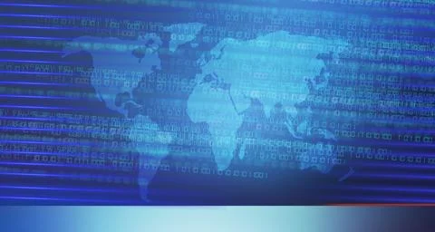 News studio screen with worldmap and binary codes concept series Stock Illustration