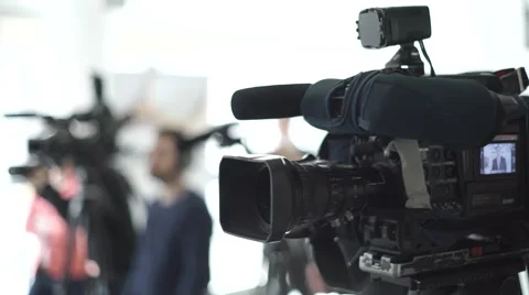 News team camera, gear at a press conference, stock video Видео 56842418