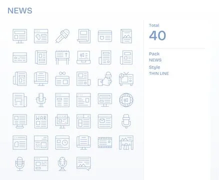 News Visual Pack containing 40 Thin Line Pixel Aligned Vector Icons Stock Illustration