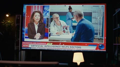 Newscast headline about artificial intelligence on VOD news channel, panning Stock Photos