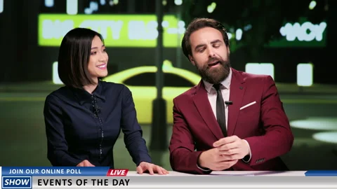 Newscasters team talk on tv program Stockbeeldmateriaal 248183046