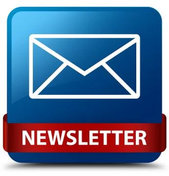 Newsletter blue square button red ribbon in middle Stock Illustration