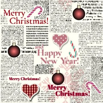 Newspaper Christmas pattern. Seamless square vector background. Stock Illustration