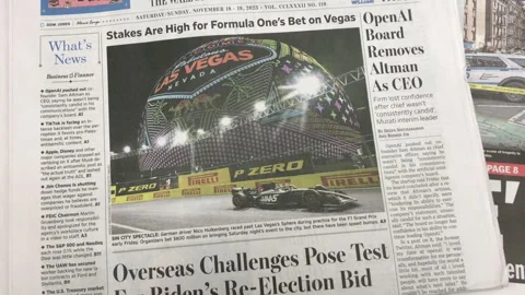 Newspaper Coverage of Formula One First Race In Las Vegas Stock Footage 256058598