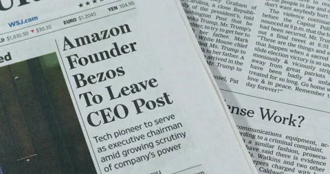 Newspaper Coverage of Jeff Bezos Steps Down as CEO of Amazon Stock Footage 148499529